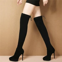black grey women stretchy velvet slim high heel over the knee high motorcycle boots female pointed toe platform thigh high pumps