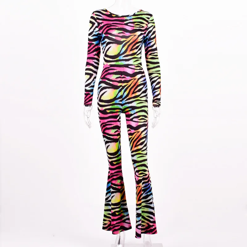 Rainbow Zebra Print Jumpsuit Women Long Sleeve Flare Pants Ladies Rompers Open Back Female Catsuit Backless |