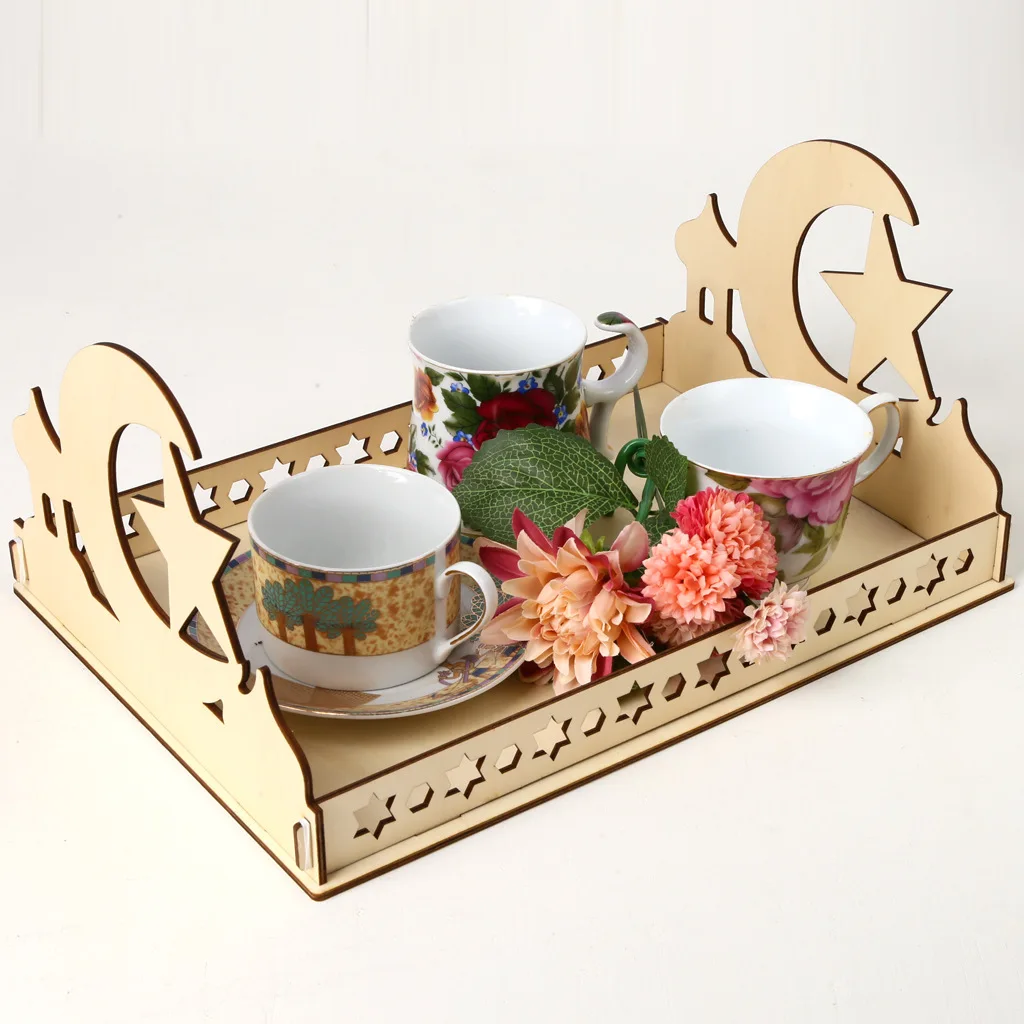 

Wooden Food Tray Eid Mubarak Decor for Home Islamic Ramadan Kareem Muslim Party Decor Table Decoration Crafts Wooden Ornaments