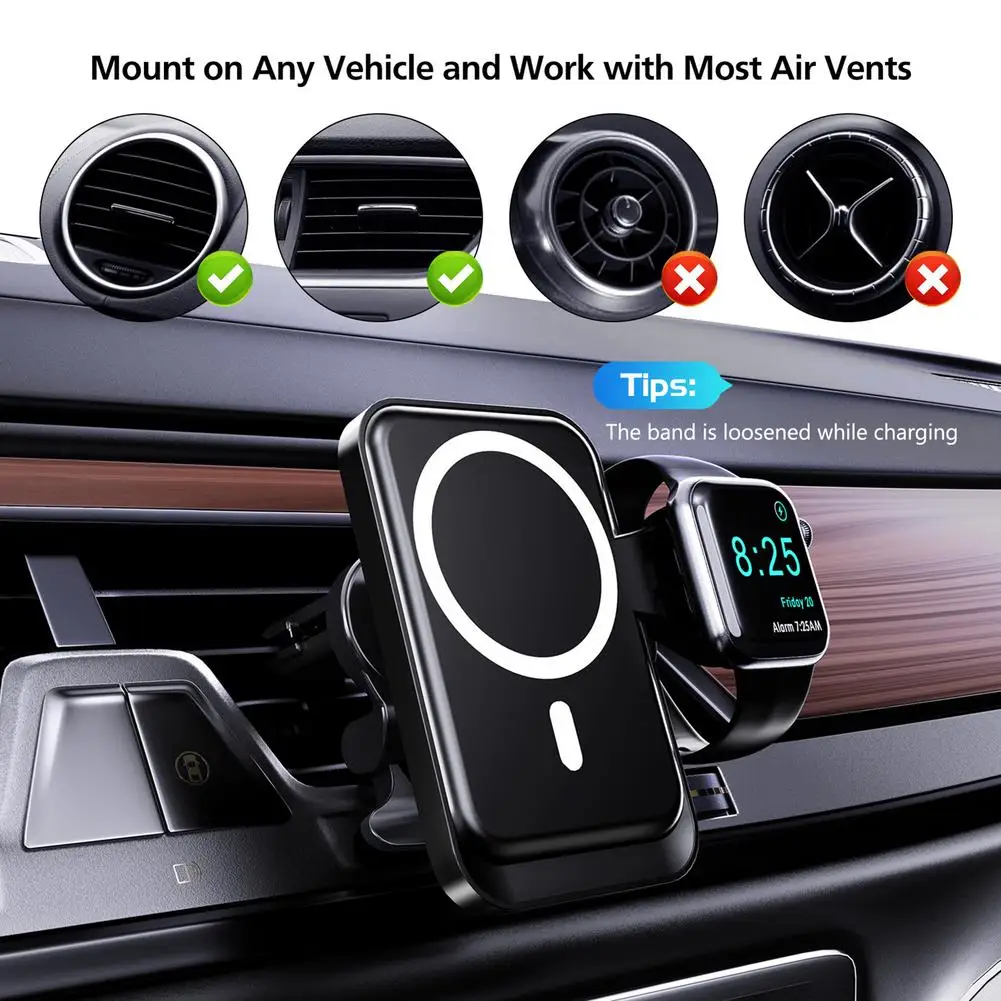 

2 in 1 Car Wireless Charger Magnetic Fast Charging phone Stand Watch Charger Auto-Clamping Car Mount for Phone Electronic Watch