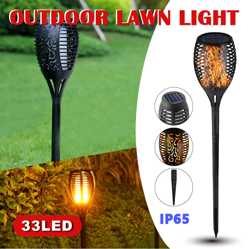 

33/12 LED Solar Flame Lamp Outdoor Torch Lights Safety Waterproof Light Flicker Lights for Garden Decoration Automatic On Dusk.