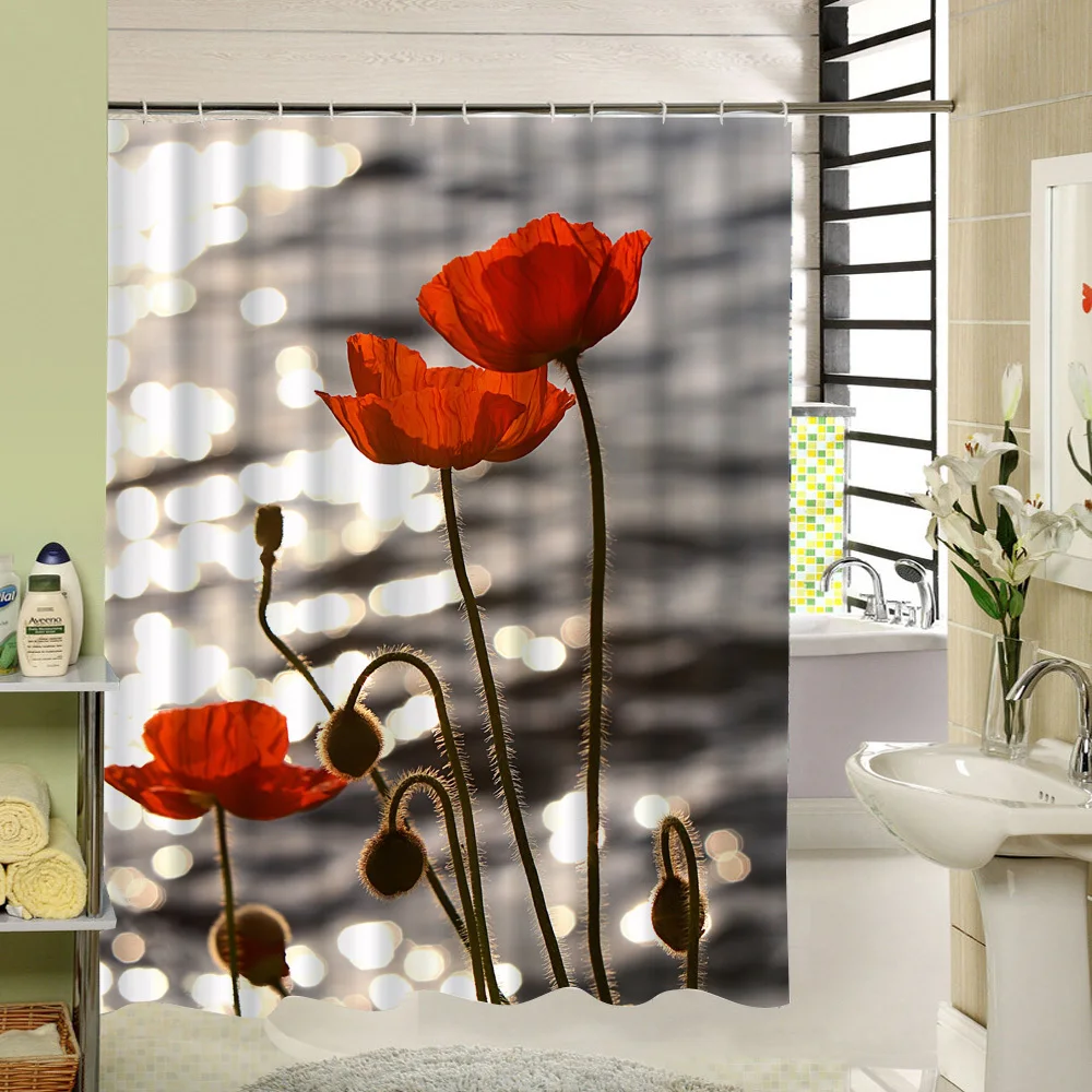 Занавеска для душа с красными цветами растут на реке которая видит активную и