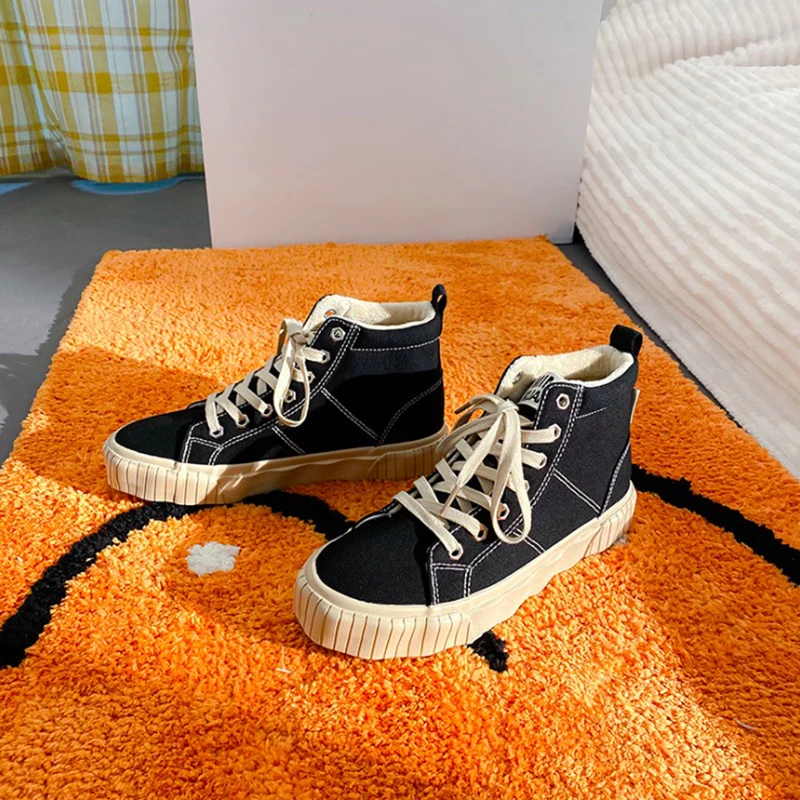 

Women Shoes Fashion Flock Casual Shoes For Women Women Sneakers Flats Platform Winter Shoes High Top Short Plush Off Black Shoes