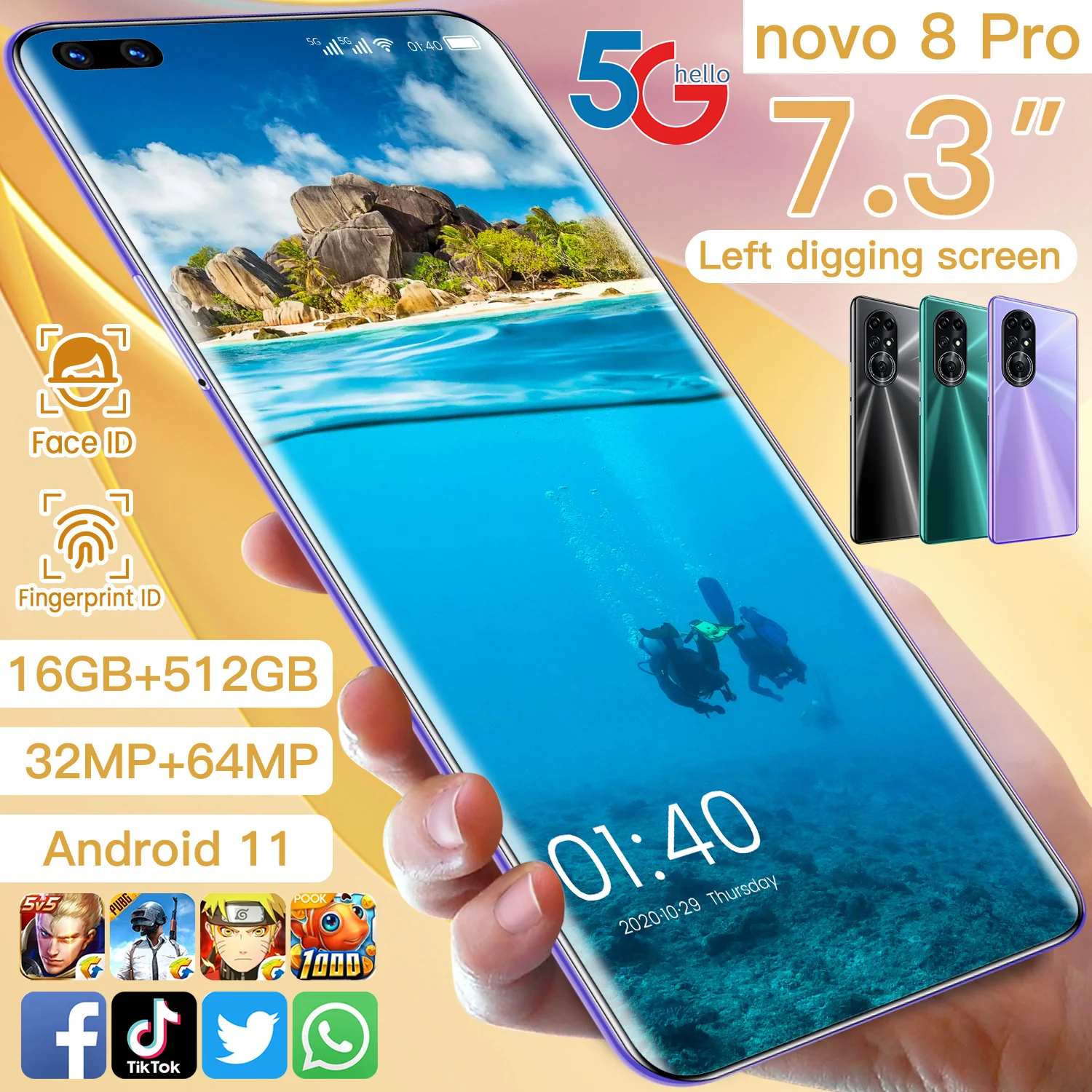 

Newest Global Models 7.3 Inch Novo 8 Pro 4G 5G Networkphone 6800mAh 16+512GB MTK6889+ Cellphone Deca Core Android 11 Smartphone