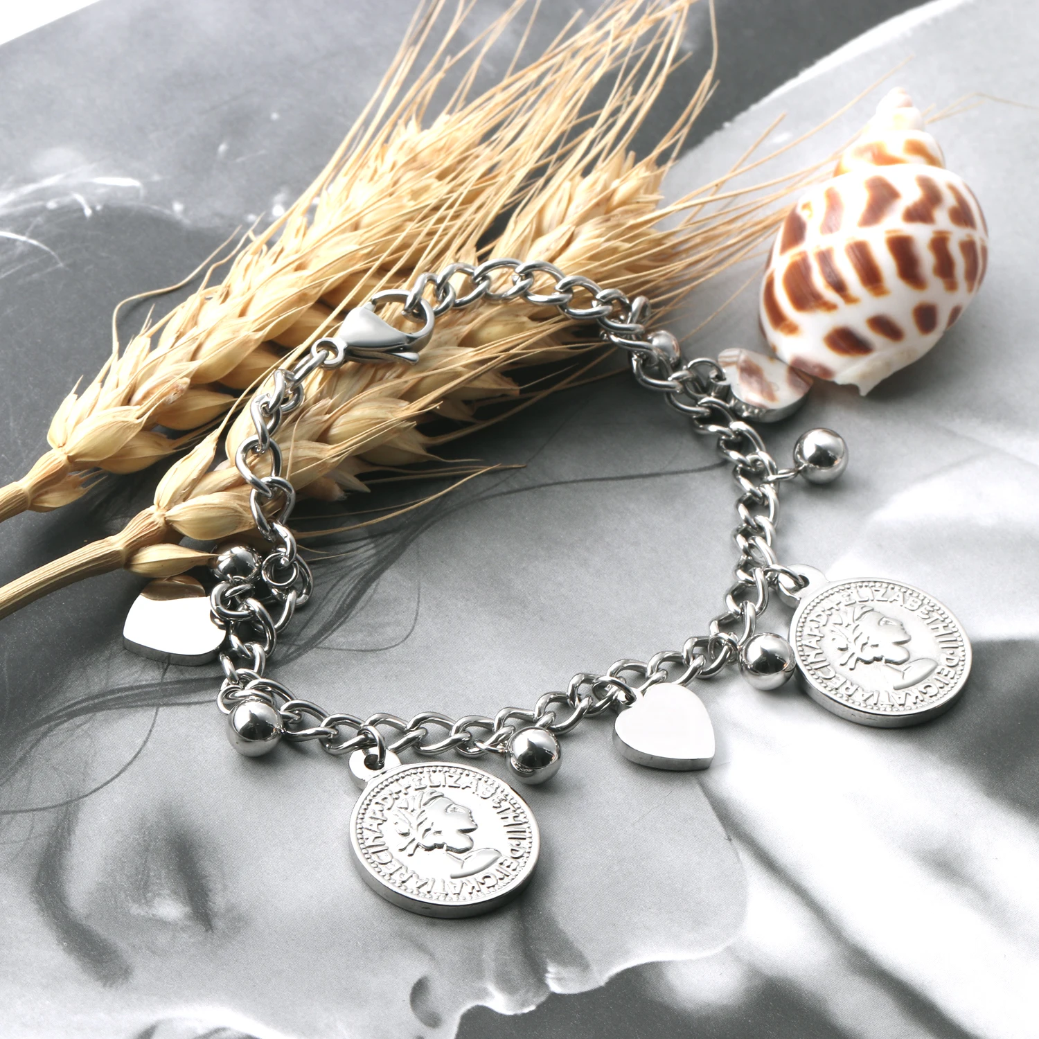 LUXUSTEEL Mother Gift Heart Round Ball and Coin Queen Stainless Steel Link Chains Bracelets Bangles Women kids bracelet Wedding | Украшения