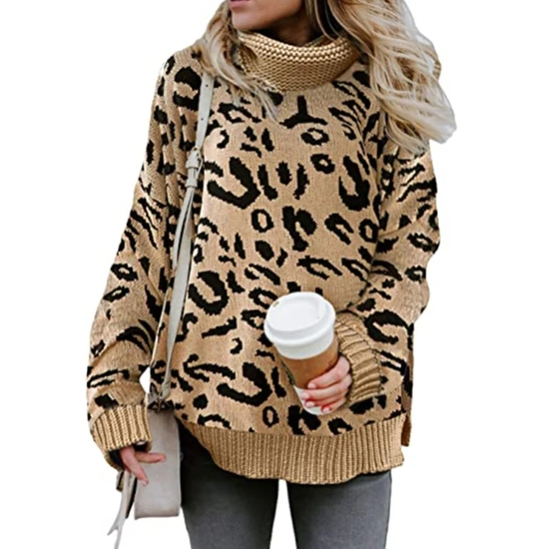 

Women Long Sleeve Turtleneck Sweater Leopard Loose Chunky Knitted Jumper Tops X3UE