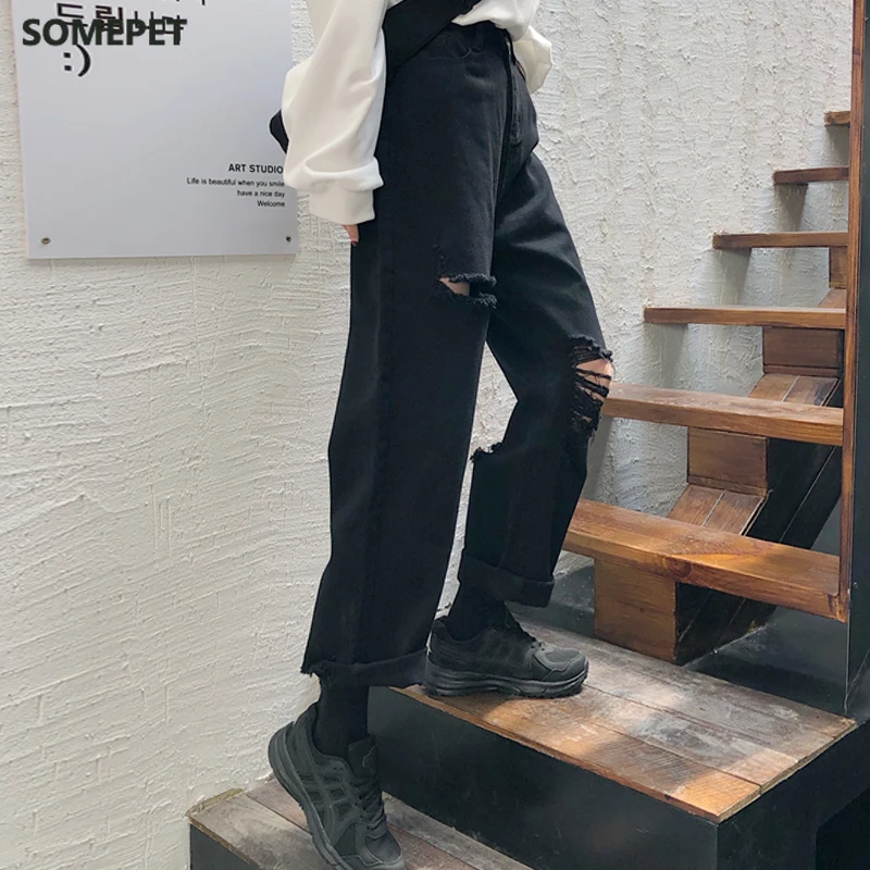 

Vintage Loose Jeans Black Straight wide leg jeans high waist ripped jeans for women knee ripped pants mom jeans boyfriends