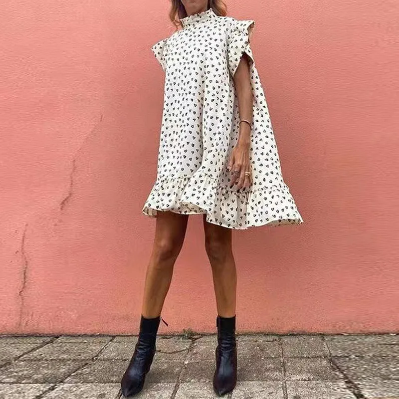 

Summer Short Sleeve Loose Casual Dress Fashion Female Turtleneck Ruffle Party Dress Elegant Women Solid Beach Mini Dress Vestido