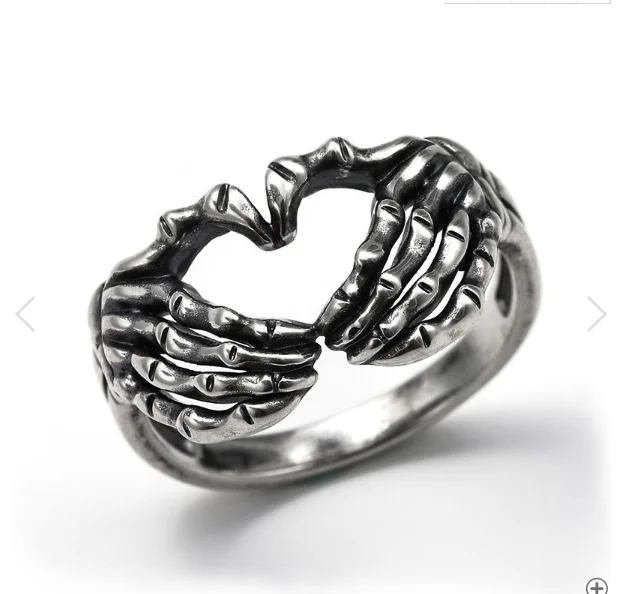 

Silver Plated Hand with Heart Rings for Men Punk Gothic Creative Skeleton Couple Ring Women Hip Hop Band Jewelry Charm Gift