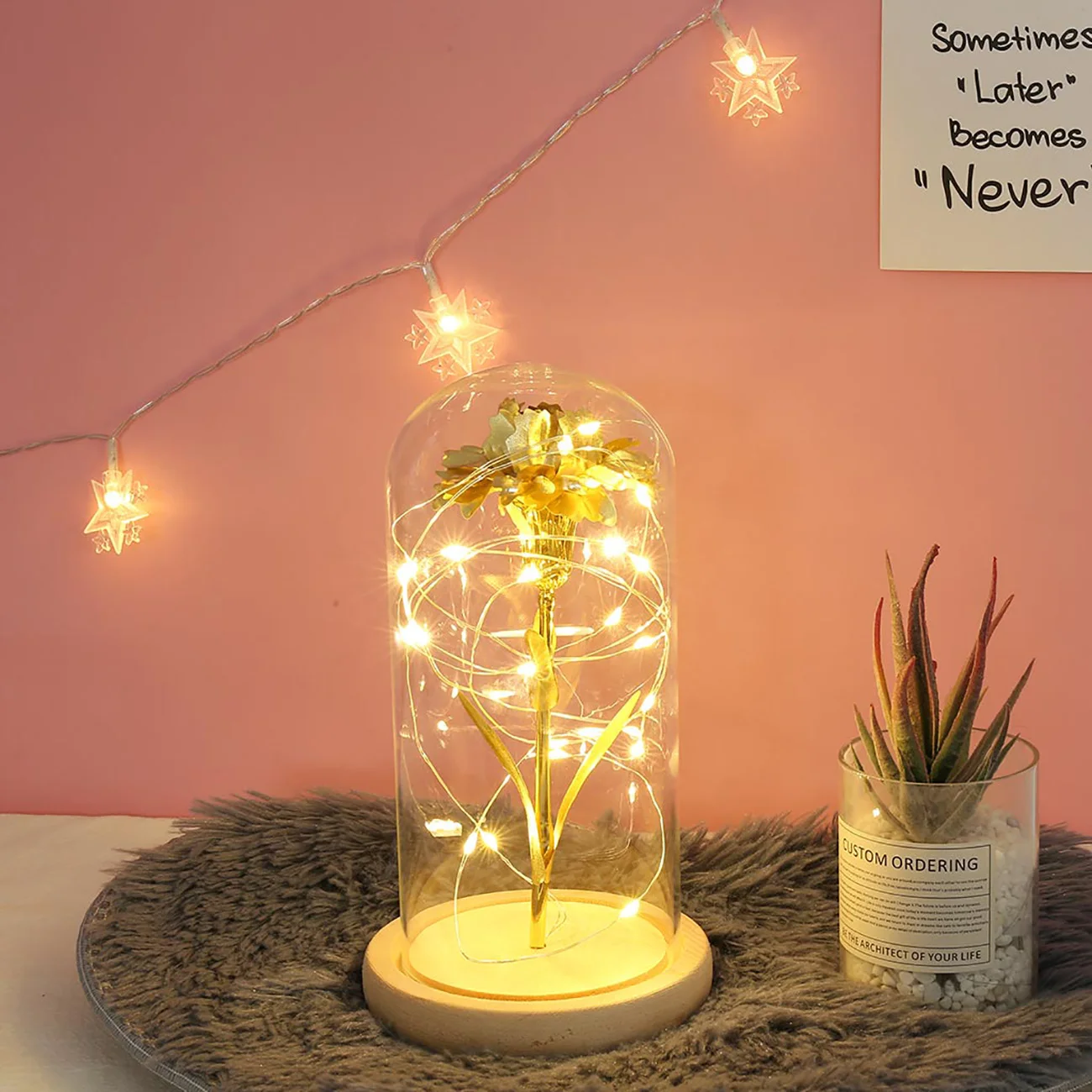

Gold Foil Carnation Lantern Night Light Valentine's Day Gift Lantern Glass Shade Rose Light LED Rose