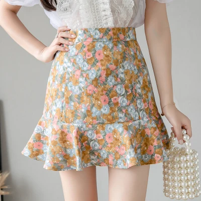 

2 Color New Office Lady Chiffon Skirt Summer Lotus Leaf Women Skirt Retro Floral Skirts Female High Waist Mermaid Short Skirts