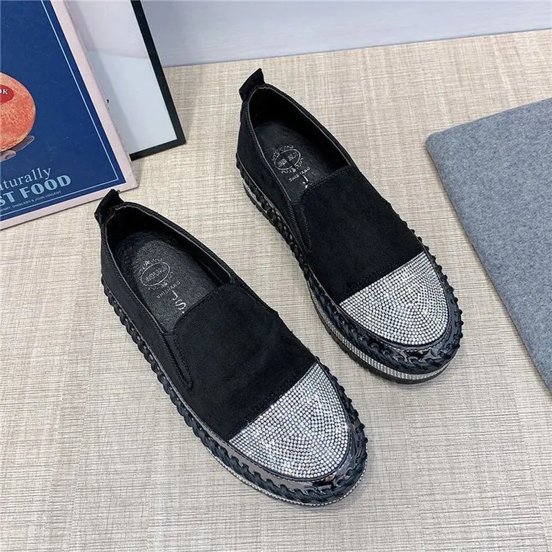 

2021 Spring Women Flats Shoes Platform Sneakers Slip on Flats Leather Suede Ladies Loafers Bling Women Creepers