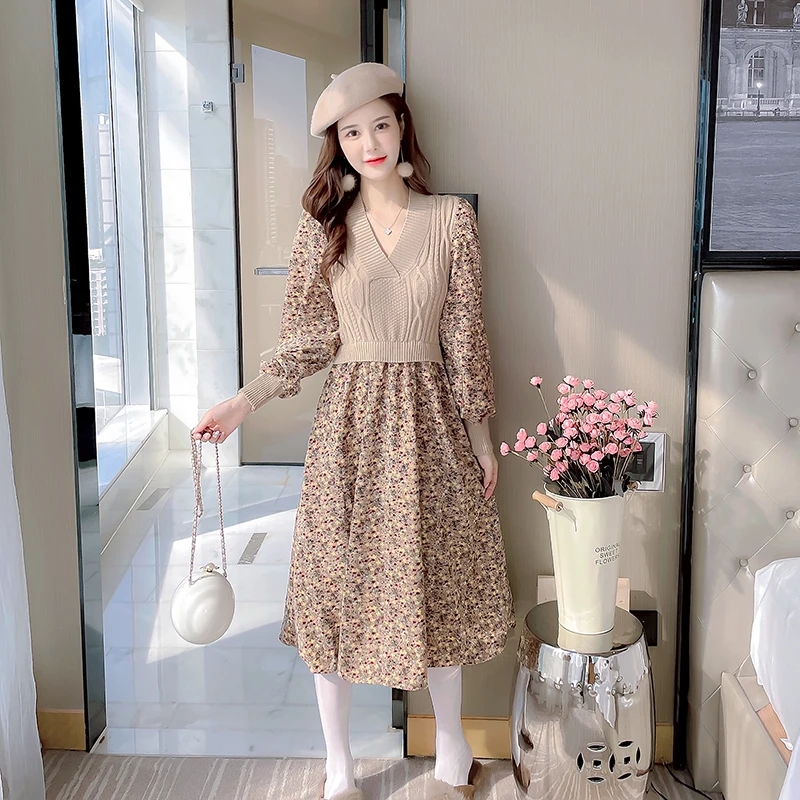 

2021 Autumn Winter Fake Two-piece Dress Female V-Neck Long Sleeve A-line Dresses Ladies Knitted Retro Floral Women Vestidos