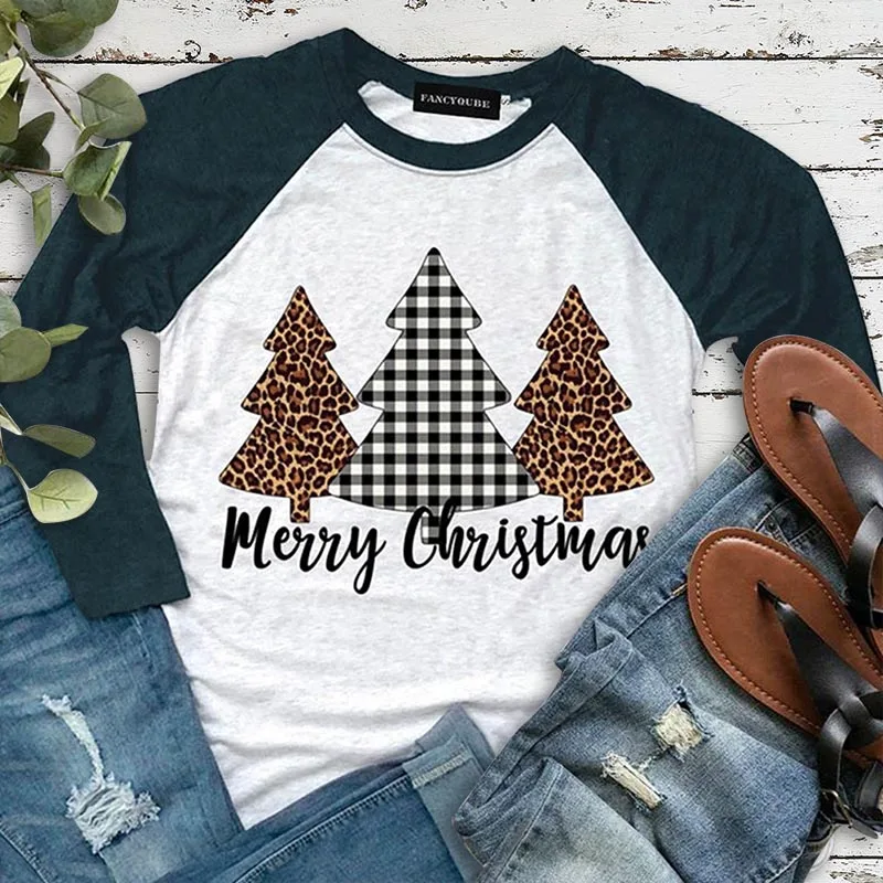 

Female Ladies Cropped Sleeve Printing T-shirt Christmas Tshirt Women Merry Christmas Letter Tree Printing Tee Shirt