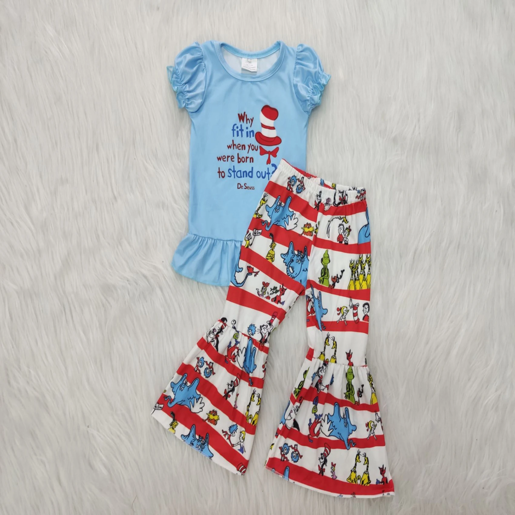 

hot sell girl short ruffle sleeve outfit baby girls cute print top and bell-bottomed pants 2pcs