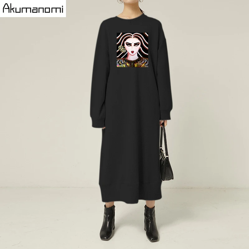 

Plus Size Black Gray Woman's Dress Cotton 7xl 6xl 5xl 4xl 3xxl Long Sleeve Maxi Autumn Spring Dresses With Pockets Dropshipping