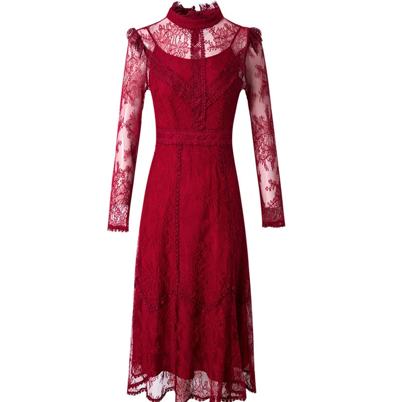 

Fashion Women Casual Sexy Mesh Lace Half High Neck Long Sleeve Formal Dress Sexy Solid Dress 2021 Summe Clothes Red Black LA0009