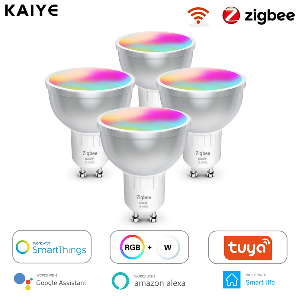 

Умный Точечный светильник Zigbee GU10, лампа 6 Вт RGB + W, работает с приложением Smart Life и поддержкой Alexa и Google Assistant