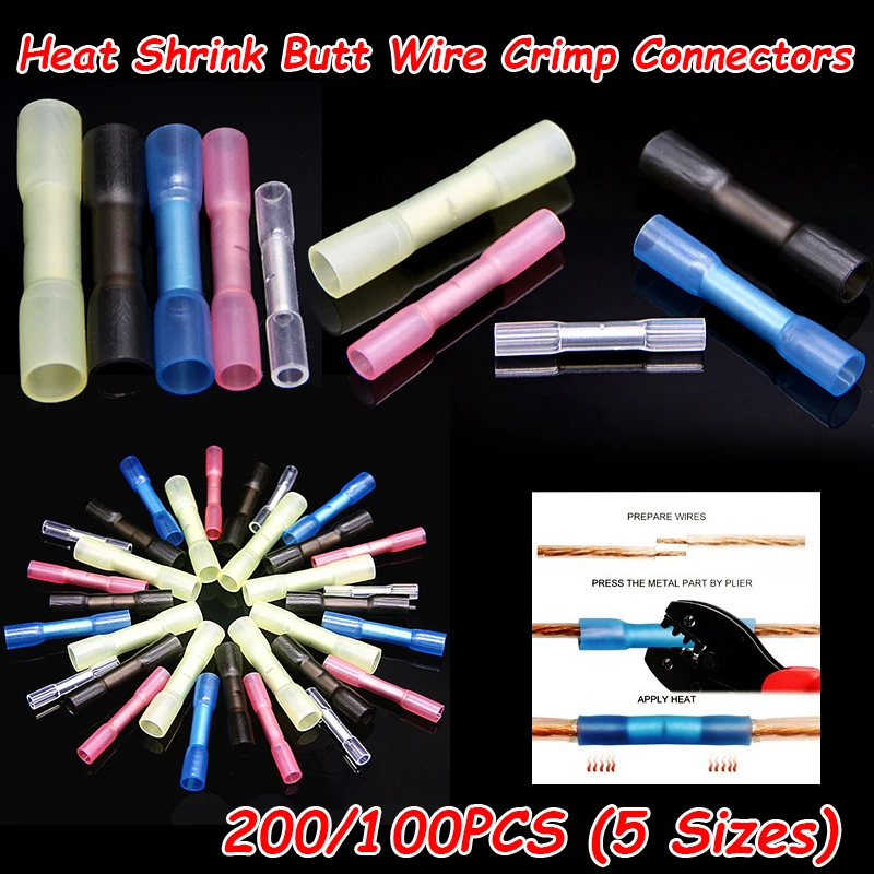 

100PCS Heat Shrink Butt Wire Crimp Connectors 0.25-4.0mm2 24-26 AWG -10-12AWG