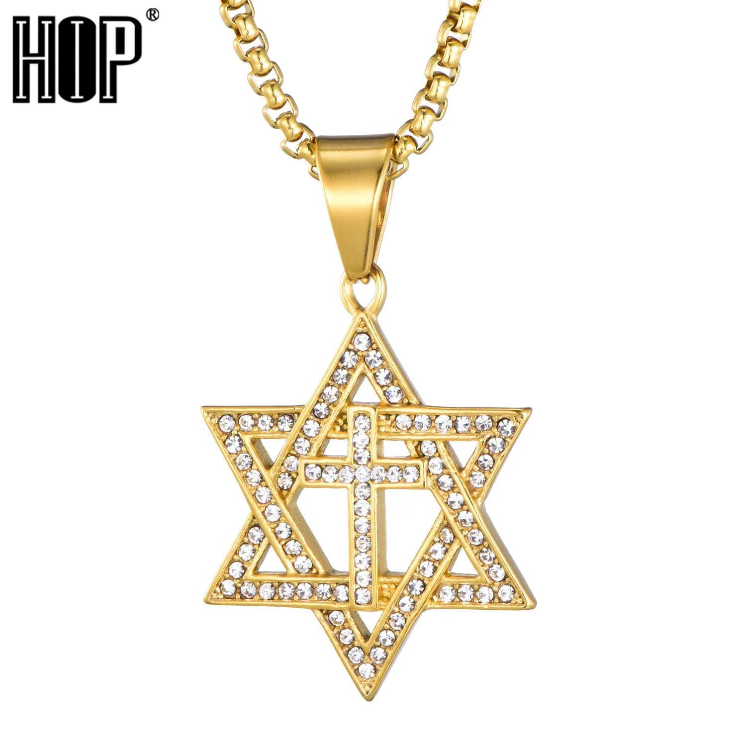 

HIP Hop Gold Color Stainless Steel Bling Iced Out Rope Chain Star of David Pendants & Necklaces for Men Jewelry
