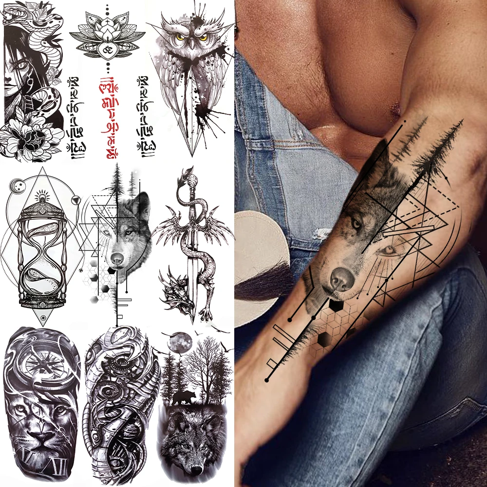 Geometry Triangle Wolf Temporary Tattoo Owl Snake Sword Tribal Tattoo Sticker Kids Men Women Black Fake Sandglass Tatoo Armband