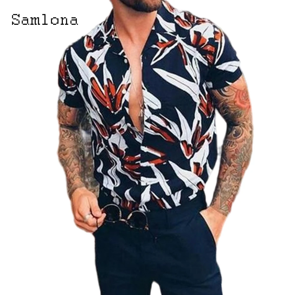 

Мужская рубашка Samlona размера плюс 3xl, одежда, Новинка лета 2022, Повседневная пляжная блузка с цветочным принтом, рубашка с коротким рукавом, блузки
