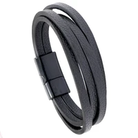 simple fashion layer bracelet punk men jewelry alloy magnet connector black flat pu leather cuff bangle gift men women