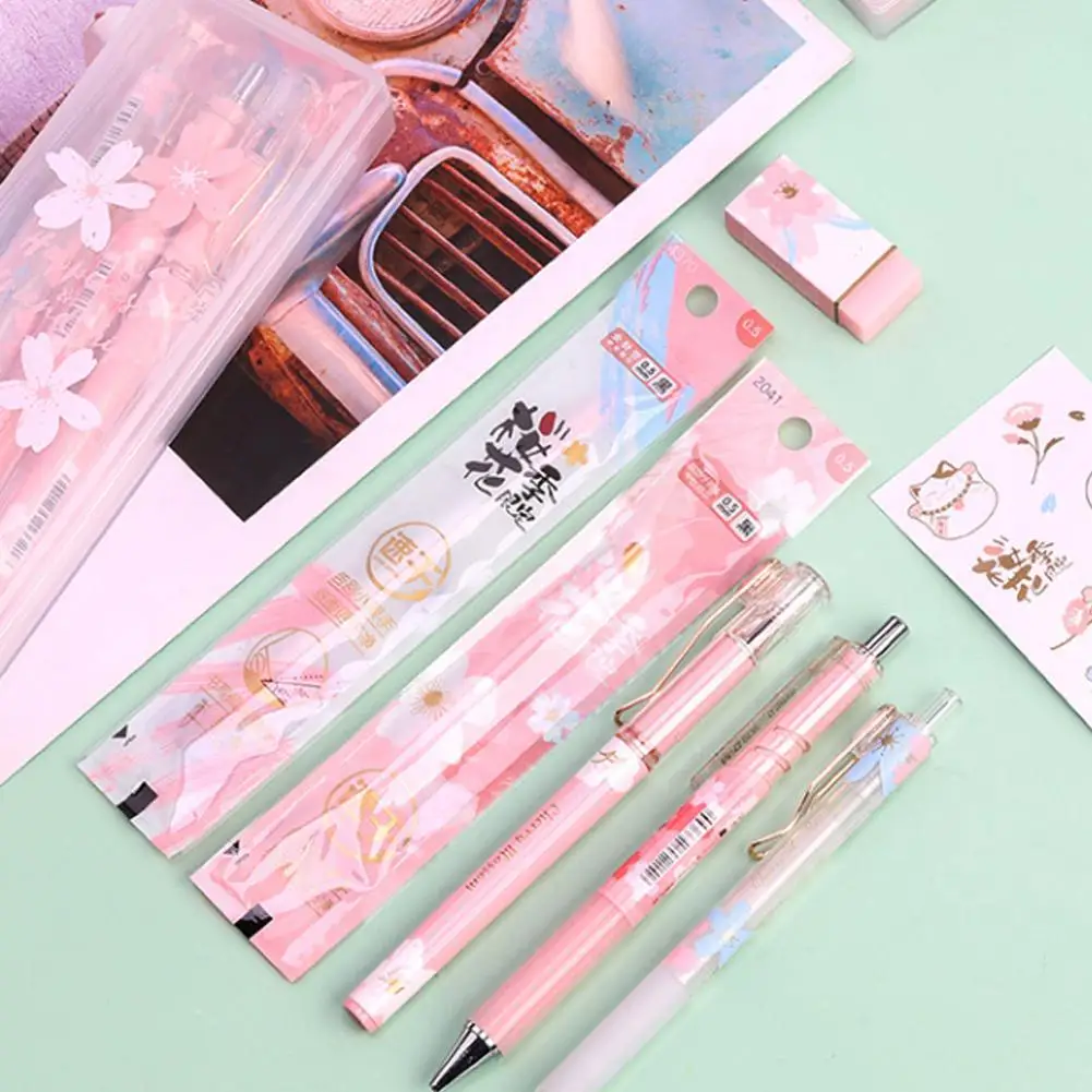 

8Pcs/Set Kawaii Sakura Gel Pens 0.5mm Mechanical Pencil Stickers For Girls Stationery Gift Supplies School Cute WIth Pen Bo V5O6