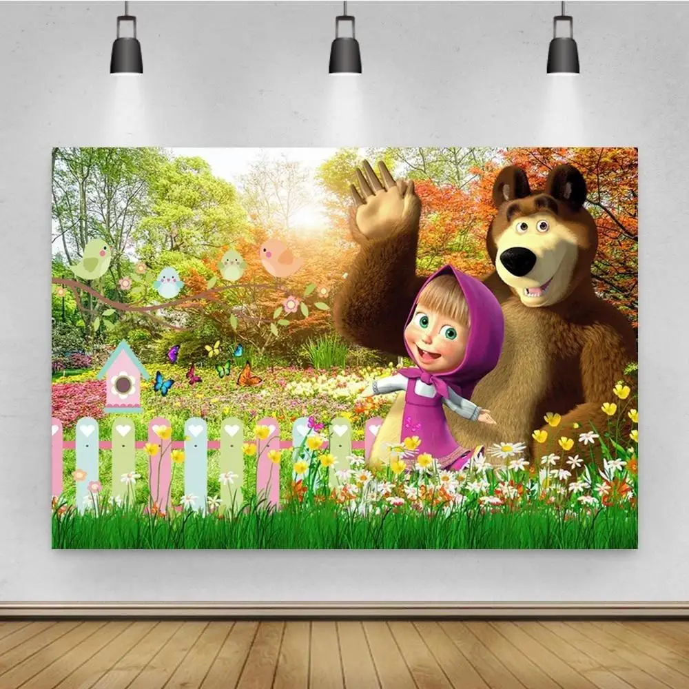 

Happy Bear Spring Garden Cartoon Background Girl Birthday Party Decoration Photography Studio 3D Digital Backdrop Cloth