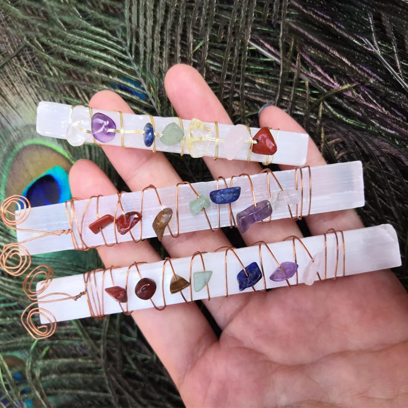 

Chakra Spiritual Healing Crystals Stones Beads Wire Wrapped Raw Selenite Stick Wand for Yoga Meditation Spiritual Reiki Stones