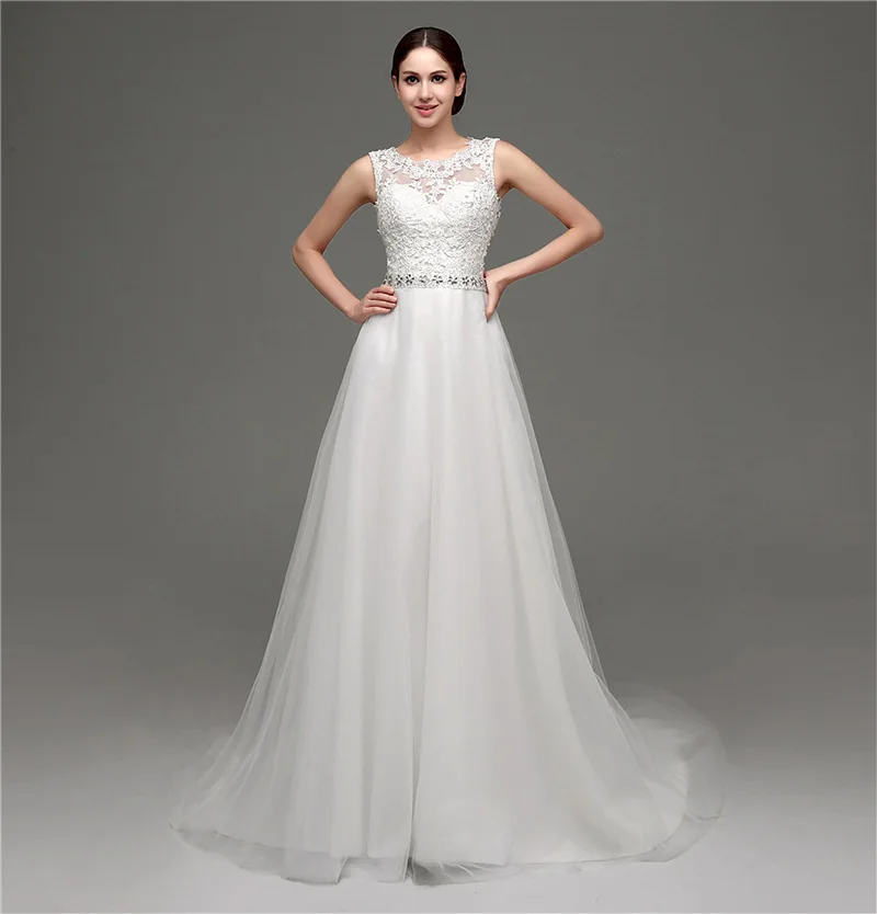 

Sexy Backless Lace A Line Wedding Dresses With Train Floor-length Illusion Sleeveless Women Dress Bridal Party Dress Long Beaded