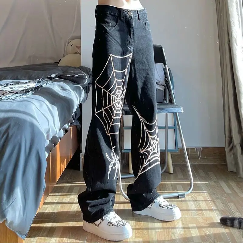 

High Street Jeans Men's Spider Web Printed Pants American Vintage Hip Hop Style Casual Loose Aesthetic Straight Wide Leg Pants