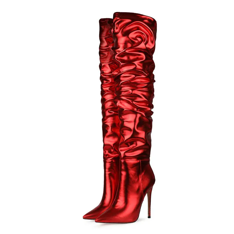 

Pleated Brand Women Boots Faux Leather Knee High Boots Fashion Pointed Toe Long Boots Super High Heels ShoesWoman Black