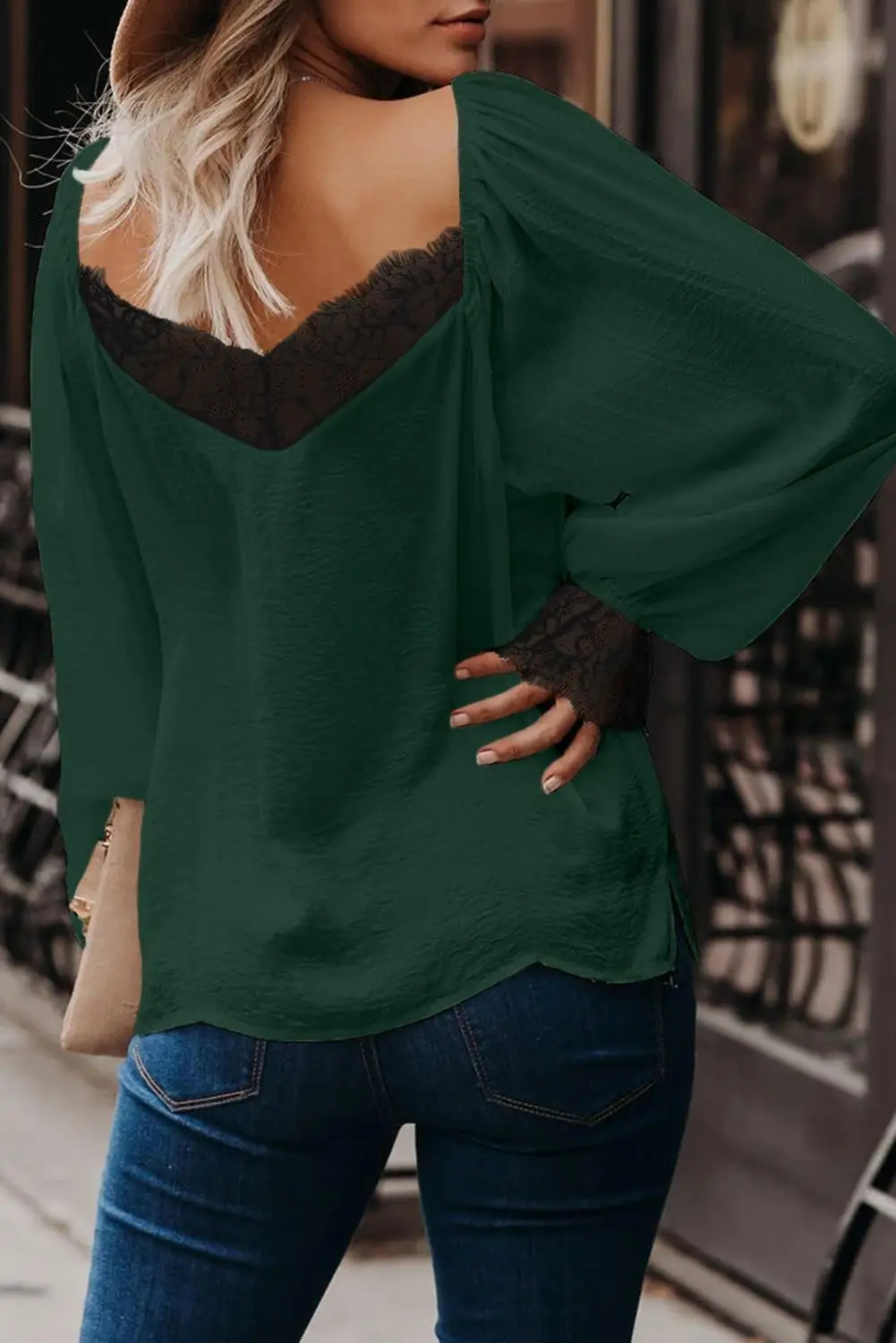 Зеленый/черный/Белый сатин кружевная блузка осенне весенний модный костюм с v