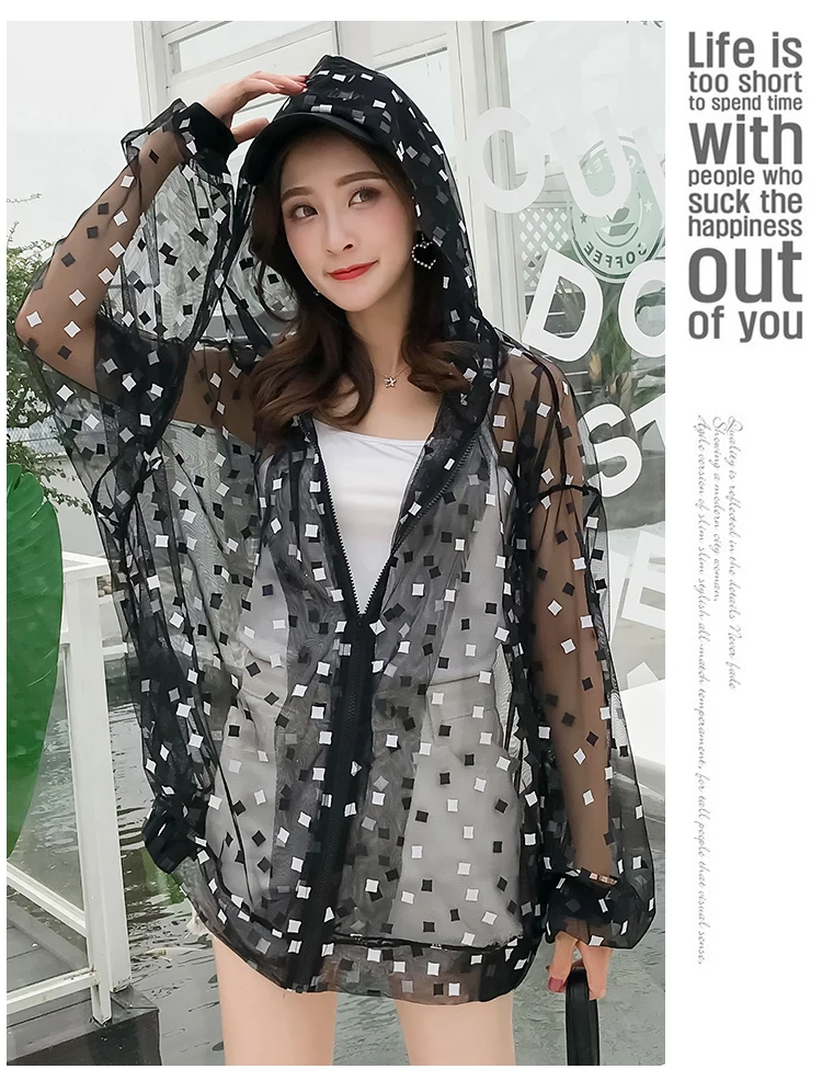Summer Autumn Sun Protection Transparent Jacket Women Harajuku Loose Thin Hooded Black Jacket Cardigan Coat Casaco Feminina