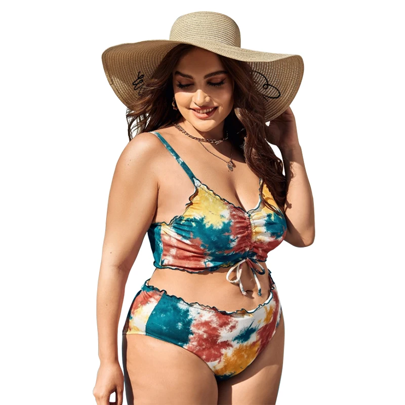 

2021 Sexy Plus Size Two Piece Bikini Set Women Swimsuit Split Tie Dye Print Sling High Waist Triangle Swimwear Big Bathing Suits