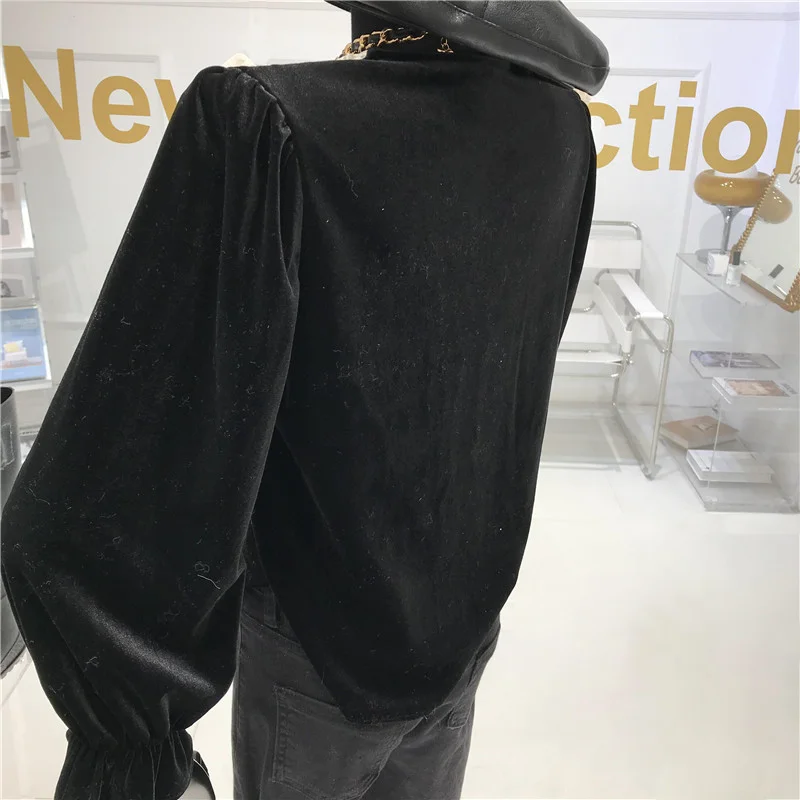 

Fashionable lace Lapel velvet shirt Women's Spring 2021 New Long sleeve design top
