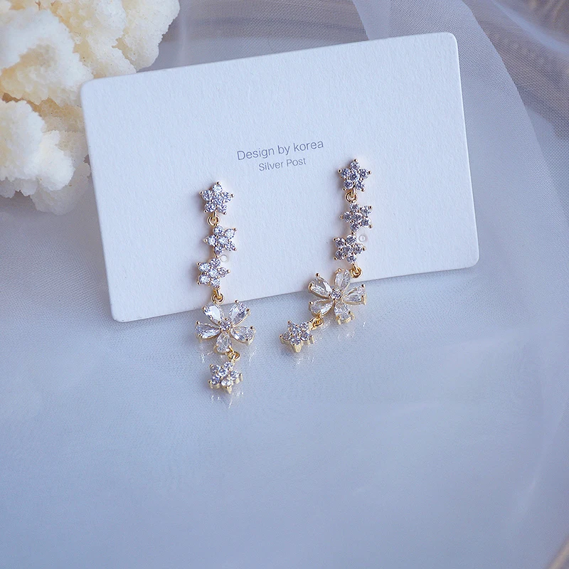 

Romantic Charming 14k Real Gold Jewelry Crystal Flowers Drop Earrings for Women S925 Silver Needle High Quality AAA Zircon Party