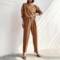 clacive fashion office women suits casual drop shoulder top and trouser suits elegant classic loose solid two piece set female