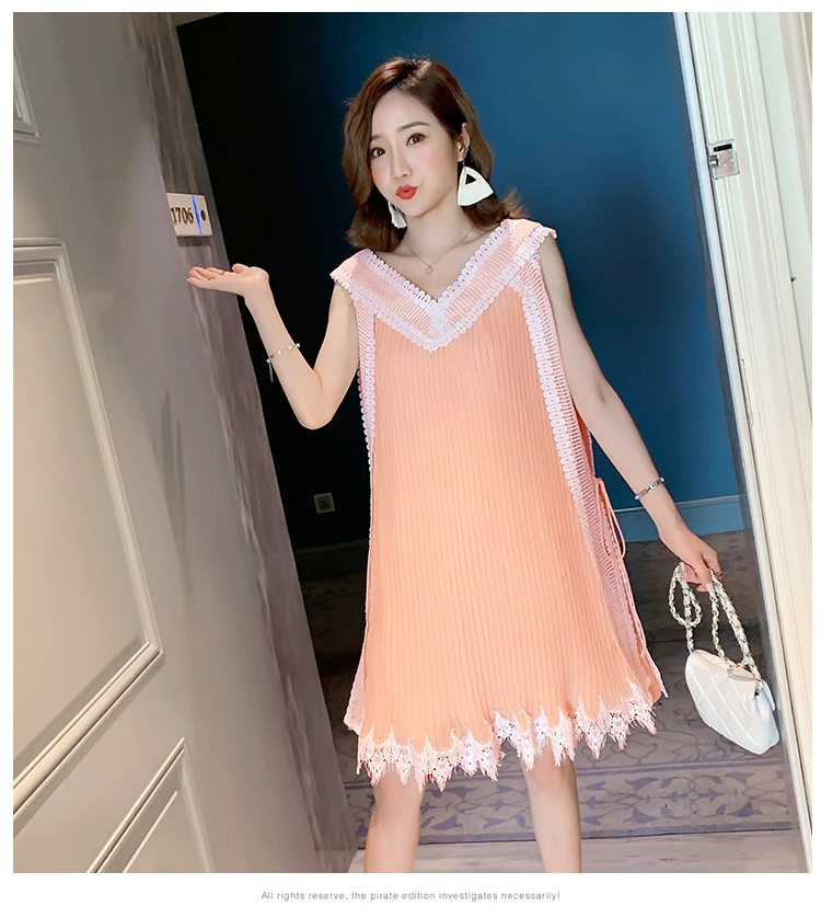 Summer Sleeveless/Long Sleeve Maternity Chiffon Pleated Dress V-neck Lace Patchwork Tassel Hem Pregnant Women Dress Sweet