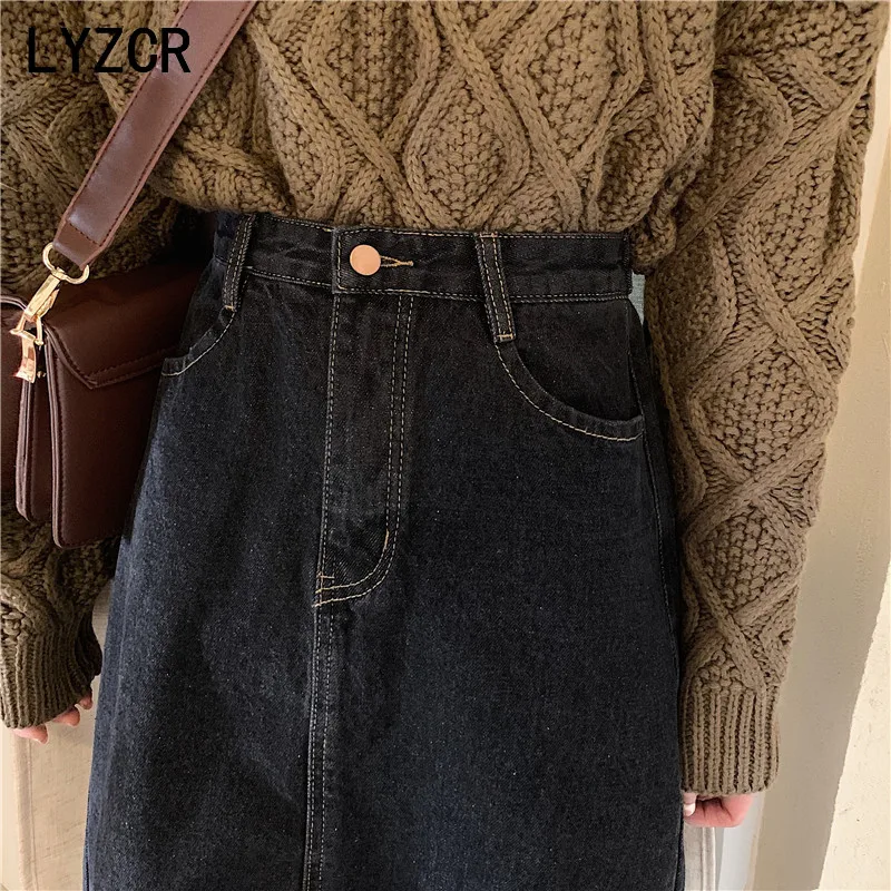 Женская джинсовая юбка LYZCR черная длинная винтажная средней длины с высокой