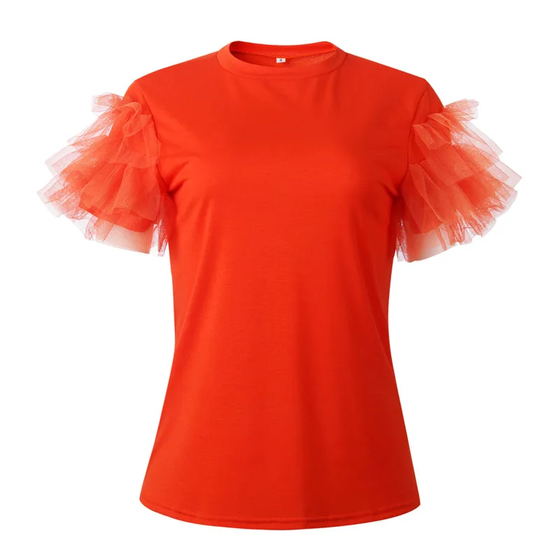 

Women's T-shirts And Fashion Mesh Laminated Splicing O-Neck T-Shirt Tops Short Sleeve T Shirt Women Soild Color Tshirts Top Tees
