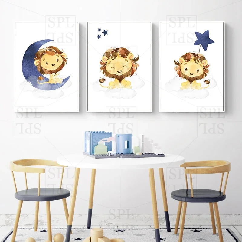 

Мультфильм Лев, рисунок на холсте с изображением ясного звездного картина на стену для детской комнаты настенный Декор стены искусства укр...