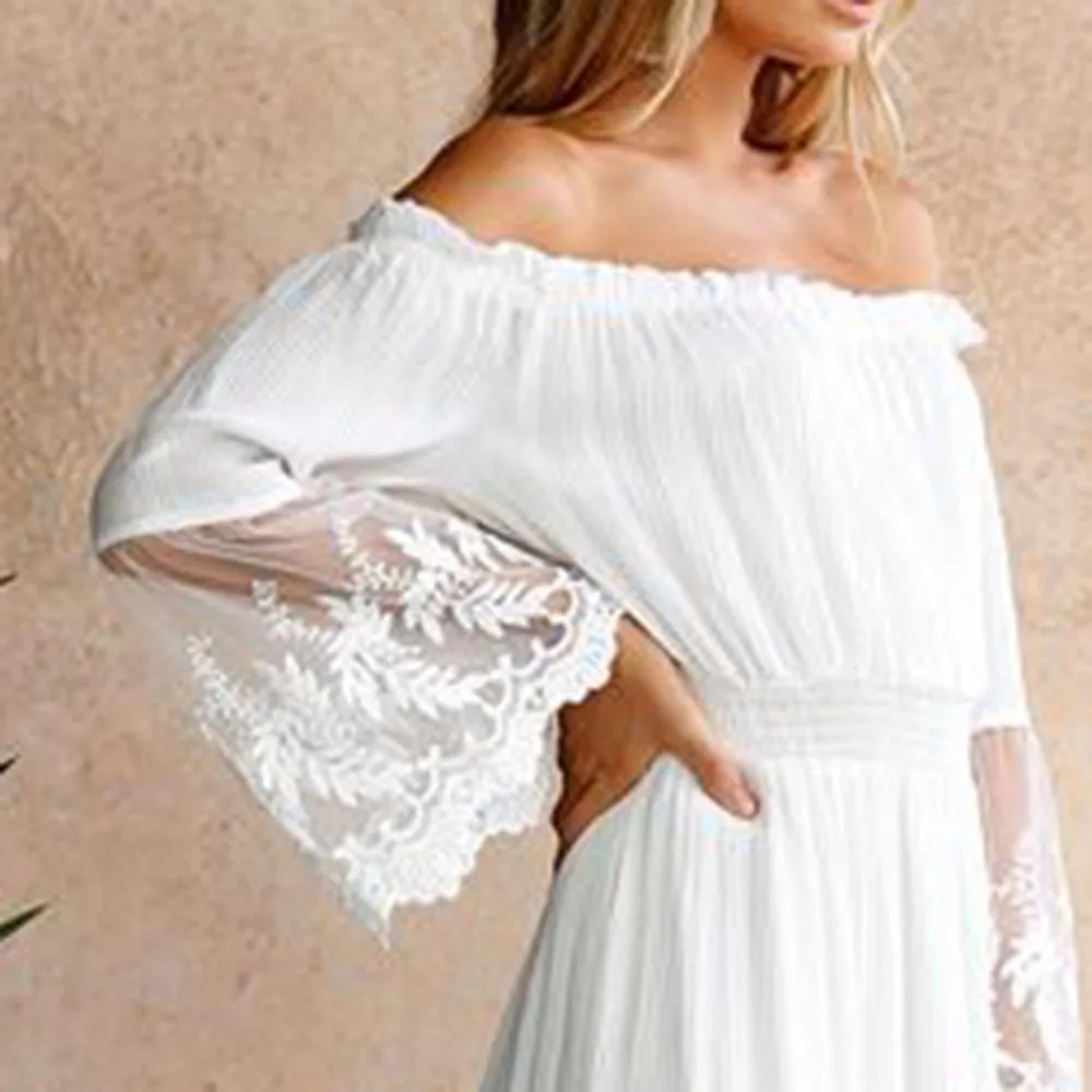 

Elegant Summer Women Maxi Dress Chiffon Solid Long Sleeve Lace Backless Off Shoulder Sexy Dresses Casual Party Cocktail Clothing