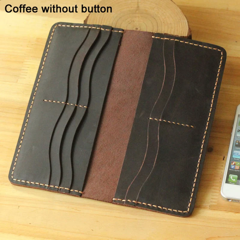 Coffee no button Ручной работы, винтажный кошелек Crazy horse из натуральной кожи, мужской кожаный Длинный кошелек, клатч, сумка, мужской кошелек, зажим для денег, сумка для денег - Цвет: Coffee no button