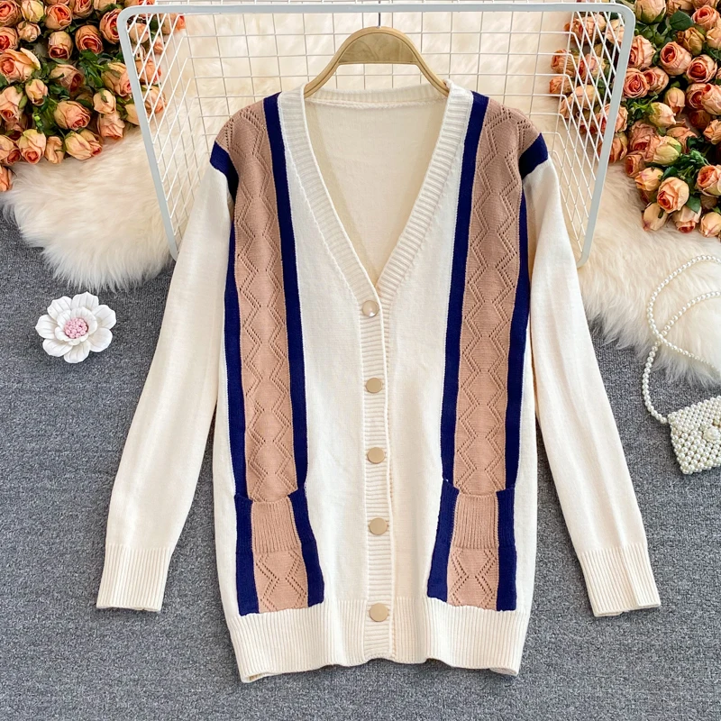 

Женский трикотажный кардиган с длинным рукавом, V-образным вырезом