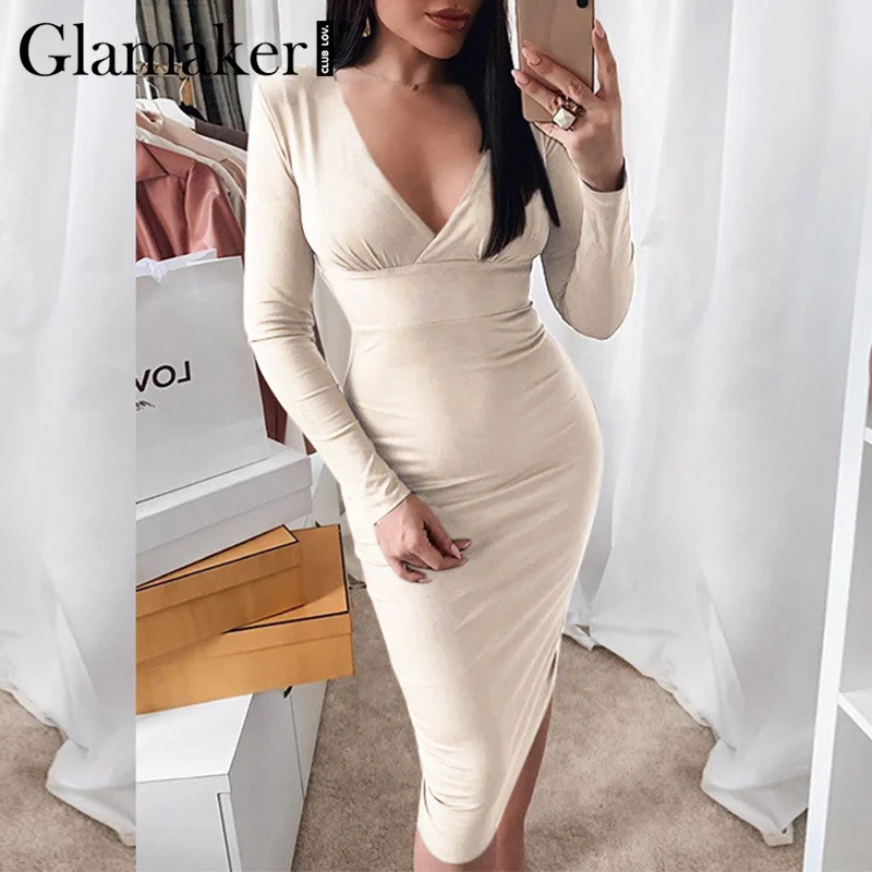 Женское короткое платье с v образным вырезом Glamaker элегантное розовое облегающее