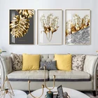 Скандинавский золотой абстрактный холст с изображением листьев и цветов, плакат с черными и белыми перьями, настенная художественная картина для украшения гостиной