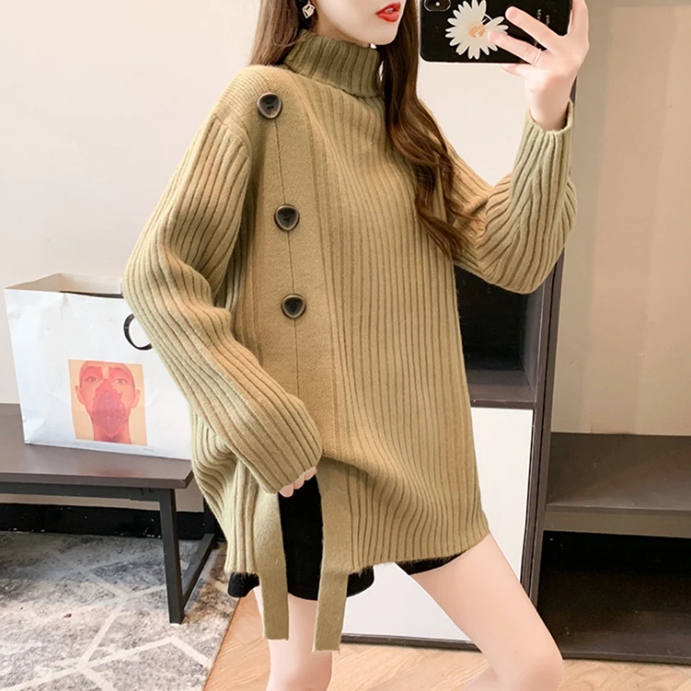 

Women Sweater Korean Turtleneck Solid Fashion Button Thread Split Chic Vintage Stretchy Loose Female Knitted Top Sweaters Winter