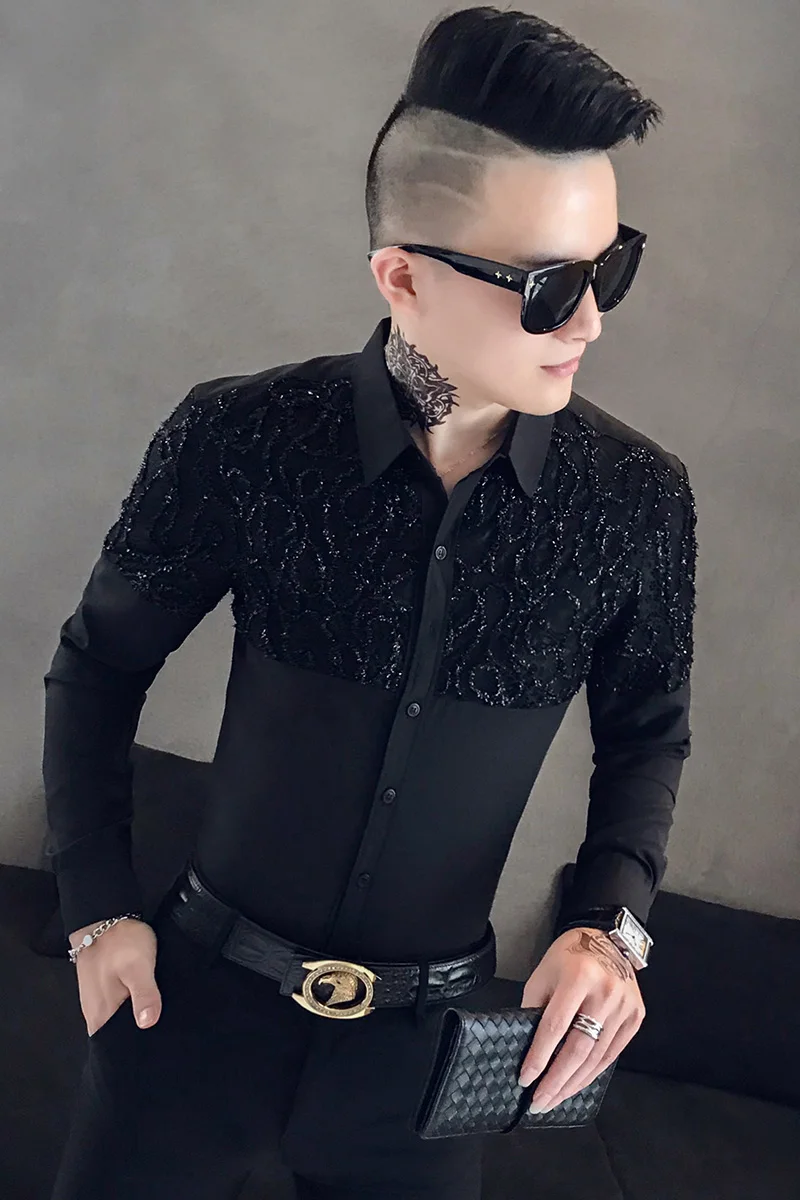 Мужская рубашка с длинным рукавом Camisa Masculina Повседневная приталенная кружевом